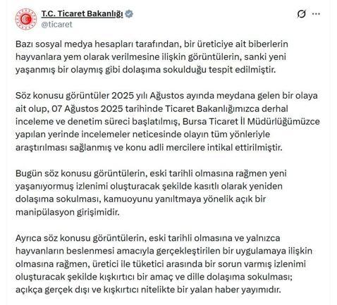 Bakanlıktan, biberlerin hayvanlara verildiği görüntülere ilişkin açıklama