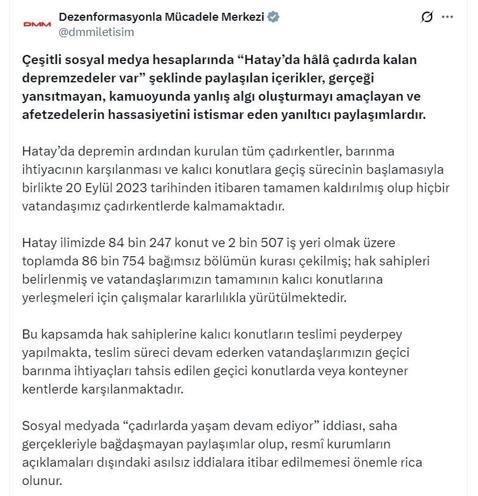 İletişim Başkanlığı: Hiçbir vatandaşımız çadır kentlerde kalmamaktadır