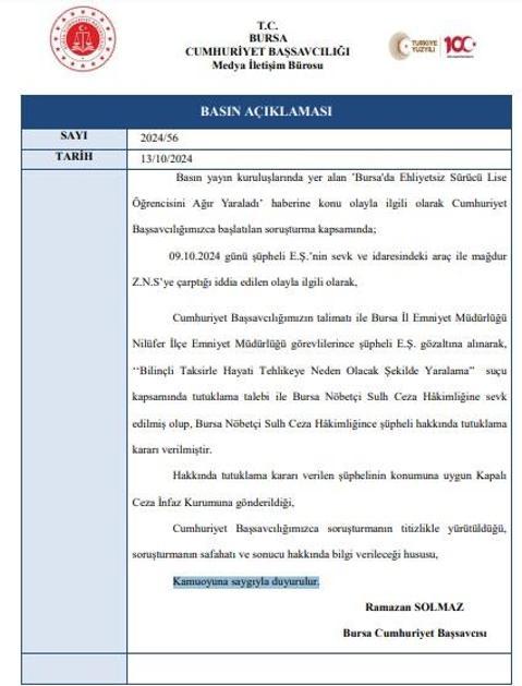 Liseli Zeynep Nazlı’nın ağır yaralandığı kazaya ilişkin ehliyetsiz sürücü tutuklandı