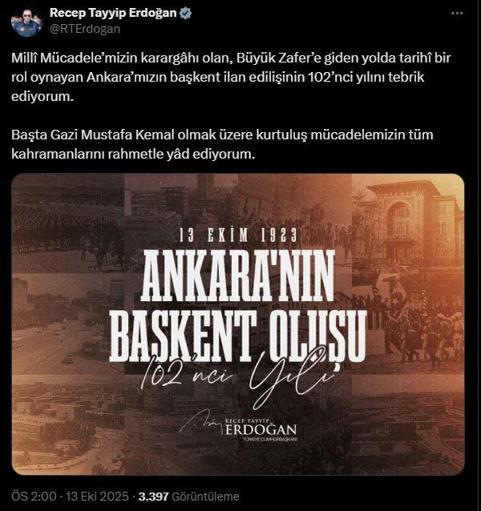 Cumhurbaşkanı Erdoğan, Ankara’nın başkent oluşunun yıl dönümünü kutladı