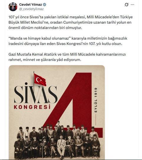 Cevdet Yılmazdan Sivas Kongresinin yıl dönümü paylaşımı