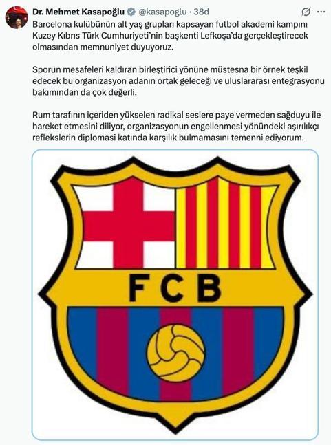 Kasapoğlundan Barcelonanın Lefkoşa kararına destek