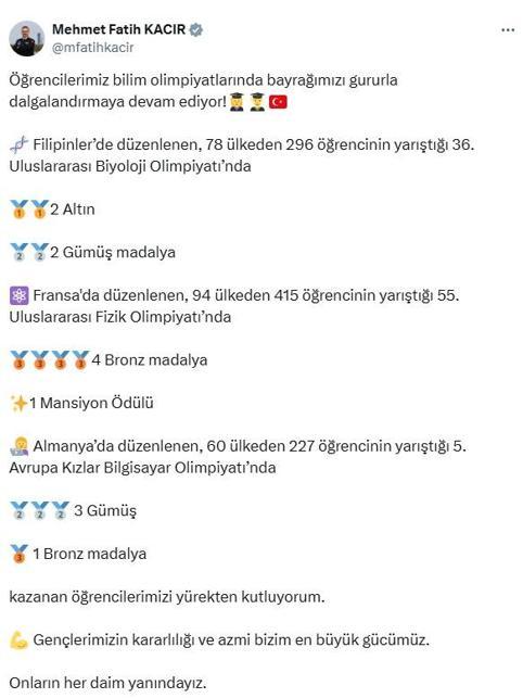 Bakan Kacırdan ödül kazanan öğrencilere tebrik