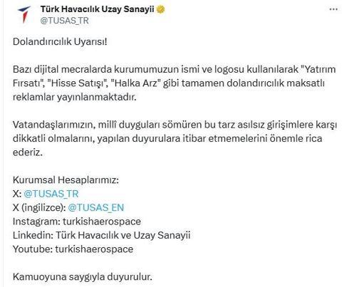 TUSAŞtan dolandırıcılık uyarısı