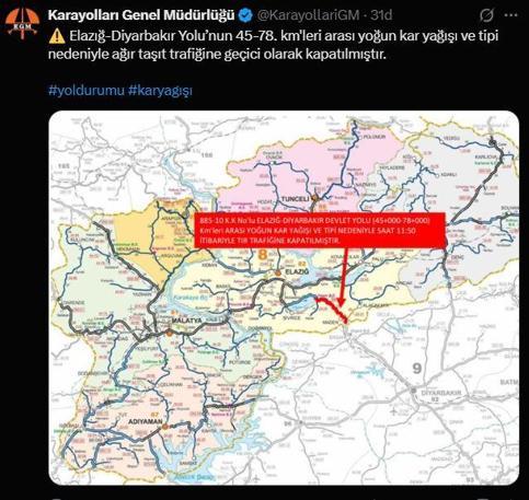 Elazığda 311 köy yolu, kardan ulaşıma kapandı
