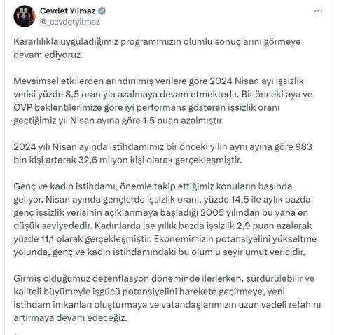 Cevdet Yılmaz: Gençlerde işsizlik oranı en düşük seviyede