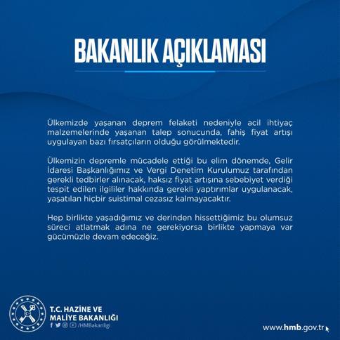 Bakanlıklardan deprem sonrası fahiş fiyata karşı denetim