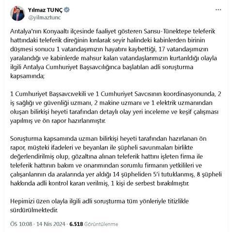 Bakan Tunç: Antalyada teleferik kazası soruşturmasında 5 kişi tutuklandı