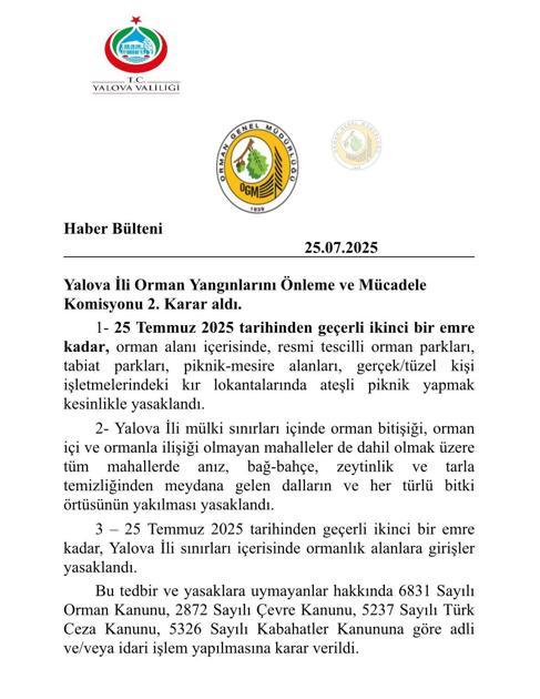 Yalovada ormanlara girişler yasaklandı