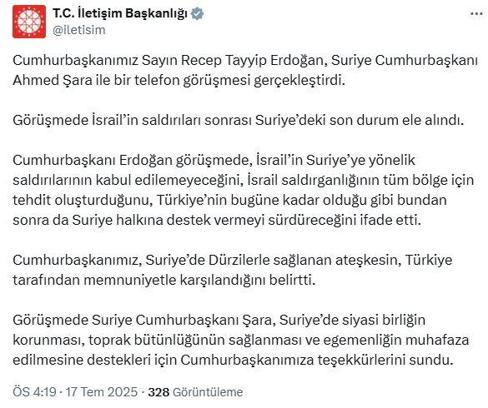 Cumhurbaşkanı Erdoğan, Suriye Cumhurbaşkanı Şara ile telefonda görüştü
