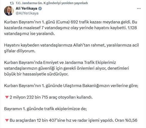 Bayramın 1inci günündeki trafik kazalarında 7 kişi öldü, 1128 kişi yaralandı