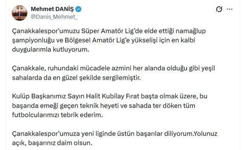RTÜK Başkanı Daniş, Süper Amatör Lig’de şampiyon olan Çanakkalesporu kutladı