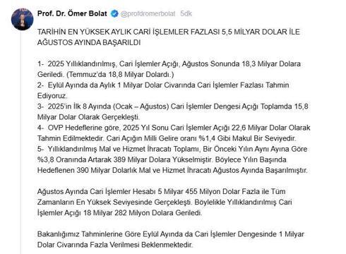 Bakan Bolat: Eylülde 1 milyar dolar civarında cari fazla tahmin ediyoruz