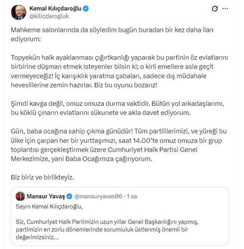 Kılıçdaroğlu: Tüm partililerimizi, grup toplantısı için CHP Genel Merkezimize çağırıyorum