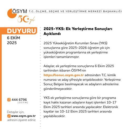 2025-YKS ek yerleştirme sonuçları açıklandı