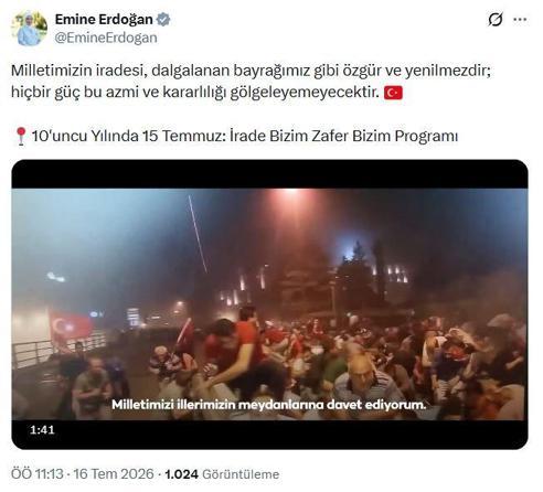Emine Erdoğandan 10uncu Yılında 15 Temmuz: İrade Bizim Zafer Bizim Programı paylaşımı