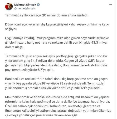 Bakan Şimşek: Temmuzda 10 yılın en yüksek aylık portföy girişi gerçekleşti