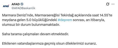 Marmaraereğlisi açıklarında 5 büyüklüğünde deprem
