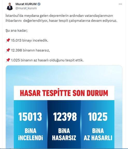 Bakan Kurum: İstanbulda 15 bin 13 binayı inceledik; 1025 bina az hasarlı