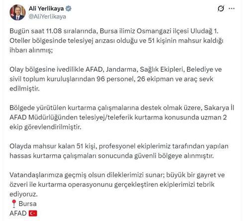 Uludağda telesiyejde mahsur kalan 51 kişi, 3 saat sonra kurtarıldı