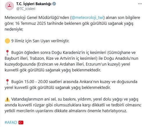 İçişleri Bakanlığından 9 il için sağanak uyarısı