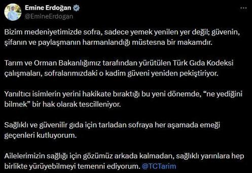 Emine Erdoğandan Türk Gıda Kodeksi çalışmalarına ilişkin paylaşım