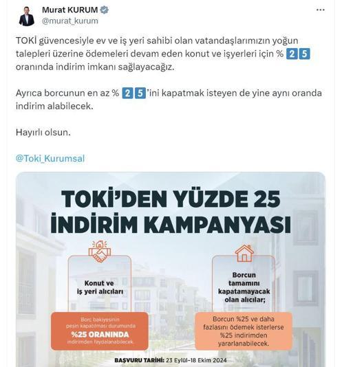 TOKİde peşin ödemeye yüzde 25 indirim