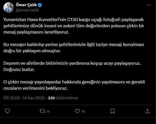 AK Partili Çelik: Yunanistan Hava Kuvvetlerinin paylaşımını lanetliyoruz