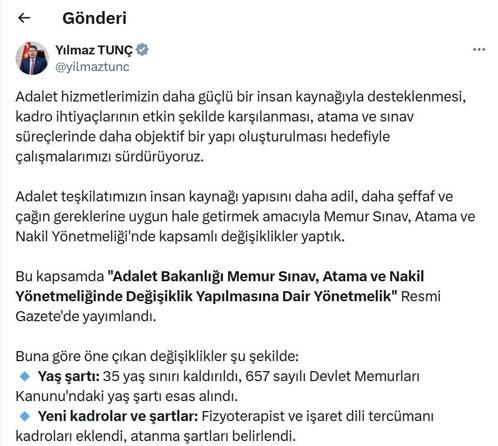 Adalet Bakanlığı Memur Sınav, Atama ve Nakil Yönetmeliğinde değişiklik