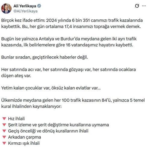Bakan Yerlikaya: 100 trafik kazasının 84ü, 5 temel kural ihlalinden kaynaklanıyor
