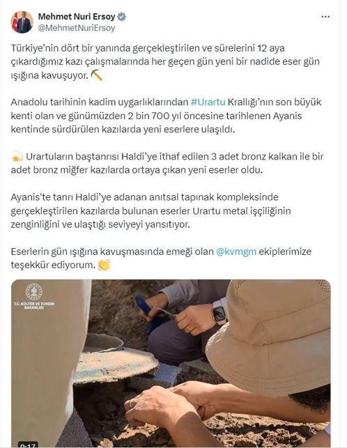 Bakan Ersoy: Ayanis Kentindeki kazılarda 3 kalkan ile 1 miğfer bulundu