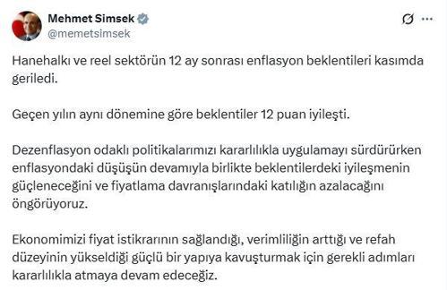 Bakan Şimşek: Beklentilerdeki iyileşmenin güçleneceğini öngörüyoruz