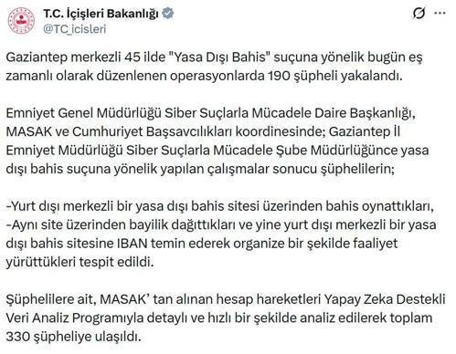 Gaziantep merkezli 45 ilde yasa dışı bahis operasyonu; 190 gözaltı