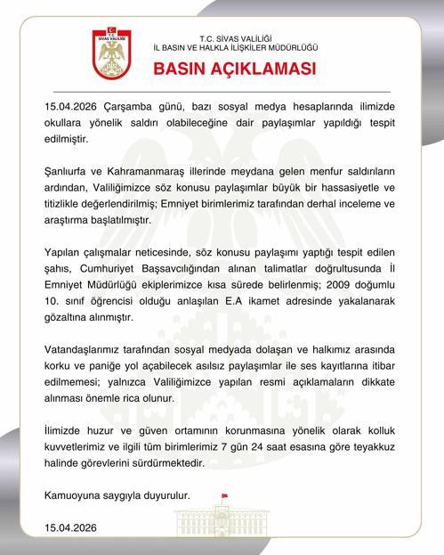Sivasta tehdit paylaşımı yapan bir öğrenci gözaltına alındı