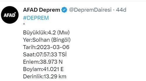 Bingölde 4.2 büyüklüğünde deprem