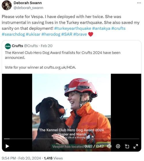 6 Şubat depremlerinde hayat kurtaran Vesper, Kahraman Köpek Ödülü’nde yarışıyor