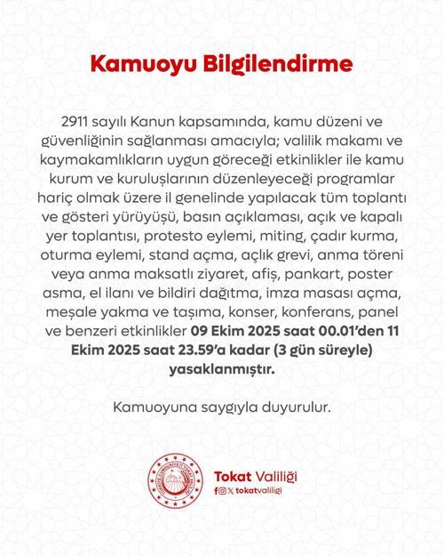 Tokat’ta 3 günlük gösteri ve eylem yasağı kararı