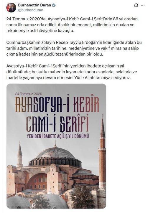 İletişim Başkanı Durandan Ayasofya paylaşımı