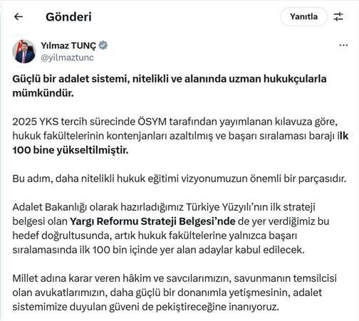 Bakan Tunç: Artık hukuk fakültelerine ilk 100 bin kabul edilecek