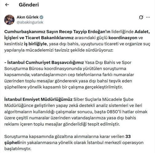 Yasa dışı bahis mesajlarına operasyon: 33 gözaltı kararı