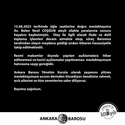 Ankara Barosu: Av. Belen Nesil Coşğun ateşli silahla yaralanma sonucu hayatını kaybetti