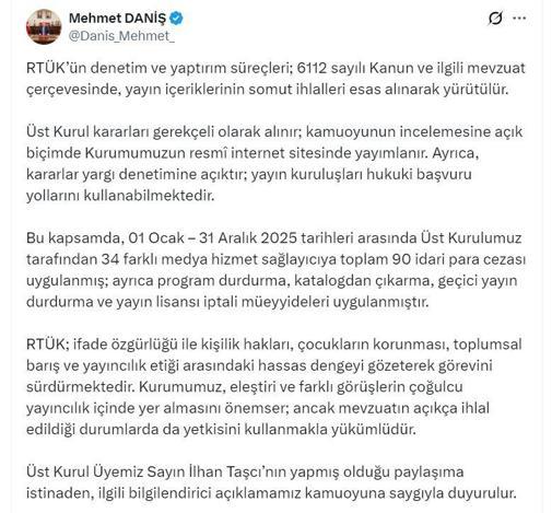 RTÜK Başkanı Daniş: 2025te 90 idari para cezası uygulandı