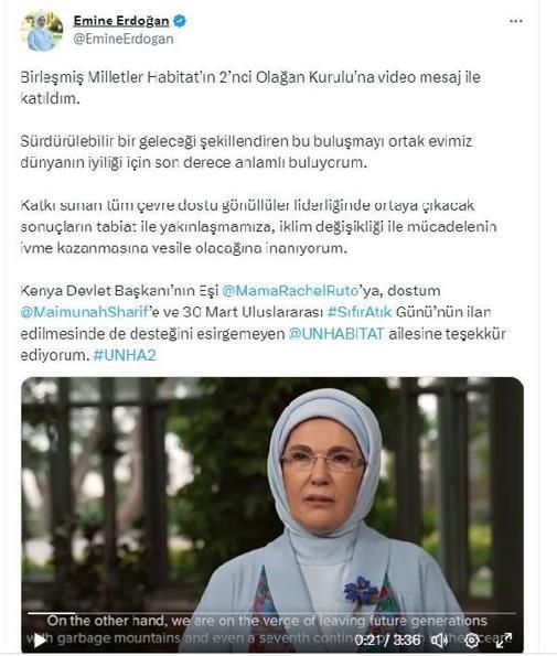 Emine Erdoğandan BM Habitatın 2’nci Olağan Kuruluna mesaj