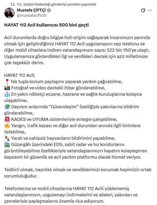Bakan Çiftçi: HAYAT 112 Acil uygulamasını indiren vatandaş sayısı 552 bin 150ye ulaştı