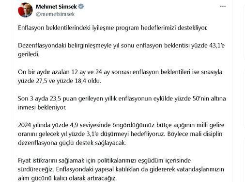 Bakan Şimşek: Yıl sonu enflasyon beklentisi yüzde 43,1e geriledi