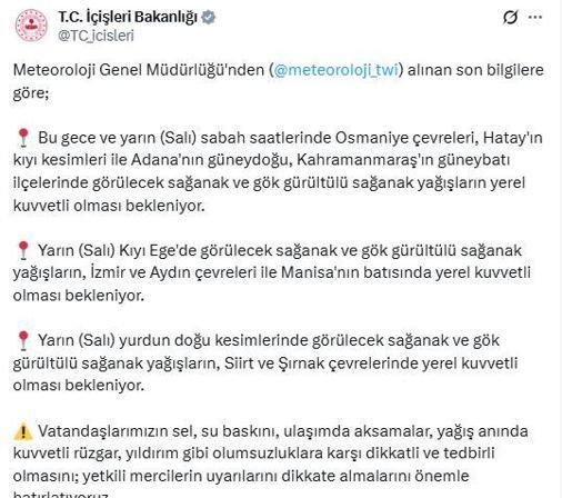İçişleri Bakanlığından 9 kent için sarı kodlu uyarı