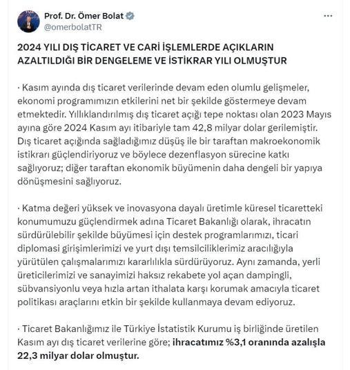 Bakan Bolat: 2024, dengeleme ve istikrar yılı oldu