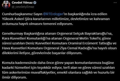 Cevdet Yılmaz: YAŞ kararları hayırlı olsun