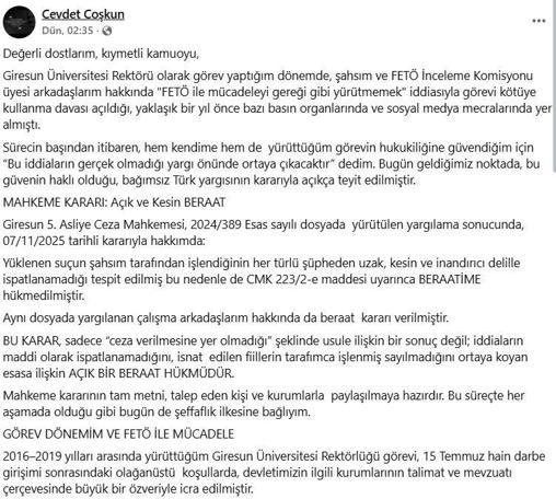 Giresun Üniversitesi eski yöneticilerine beraat