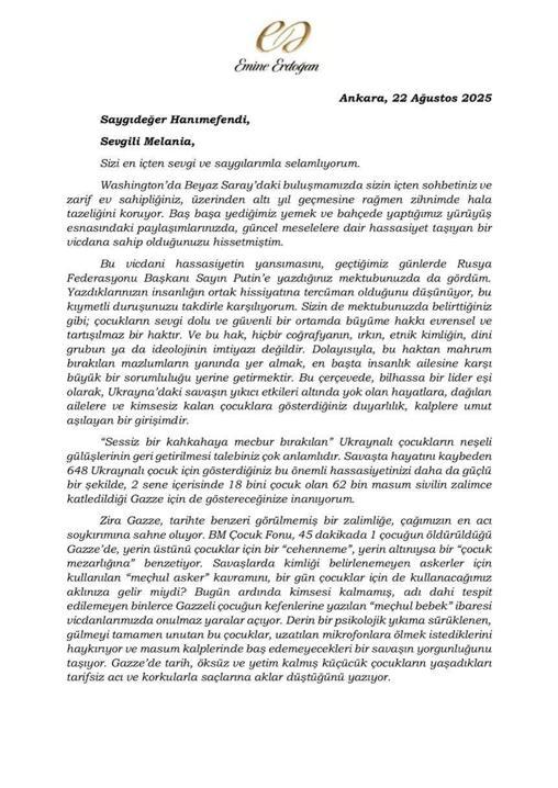 Emine Erdoğandan Melania Trumpa Gazze mektubu